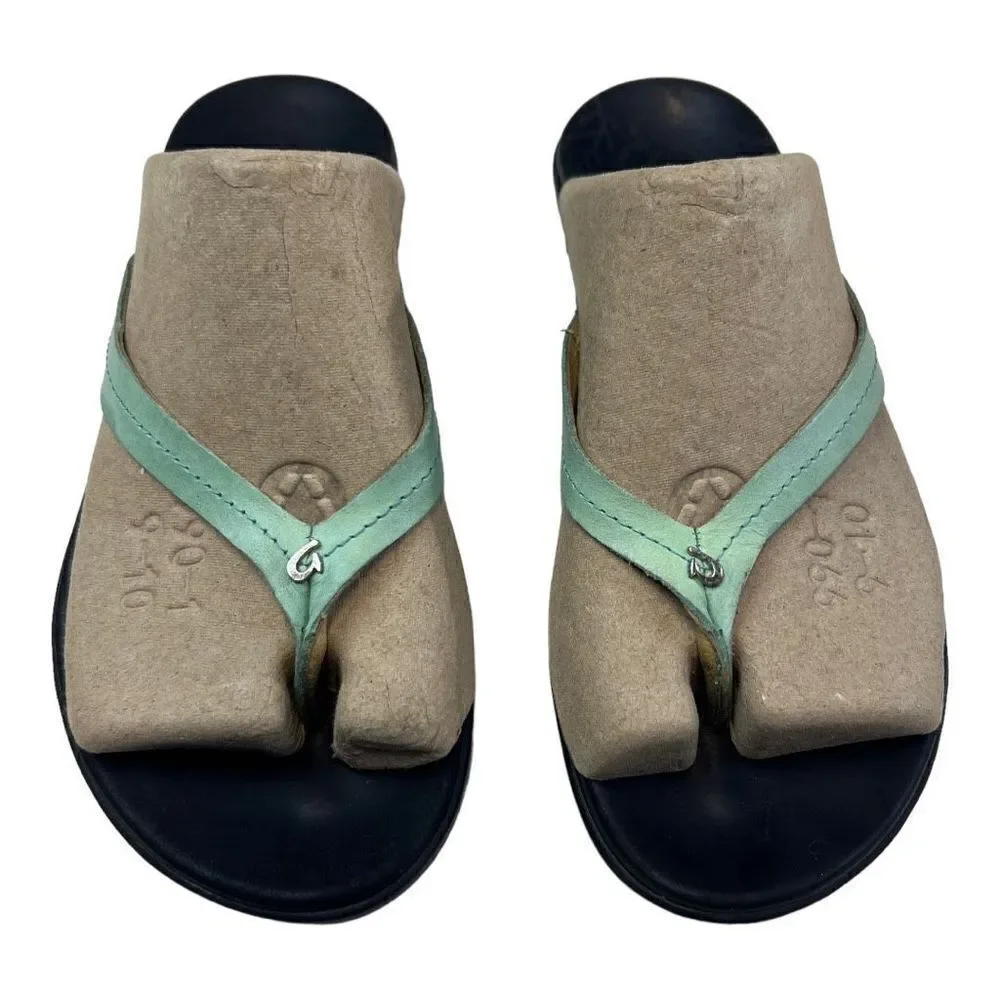 OluKai Womens Slip On Leather Flat Heel Flip Flop Sandals Black Blue Blue Sz 7 W